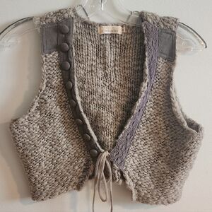 Knit Wool Blend Vest with Button and Lace Accents